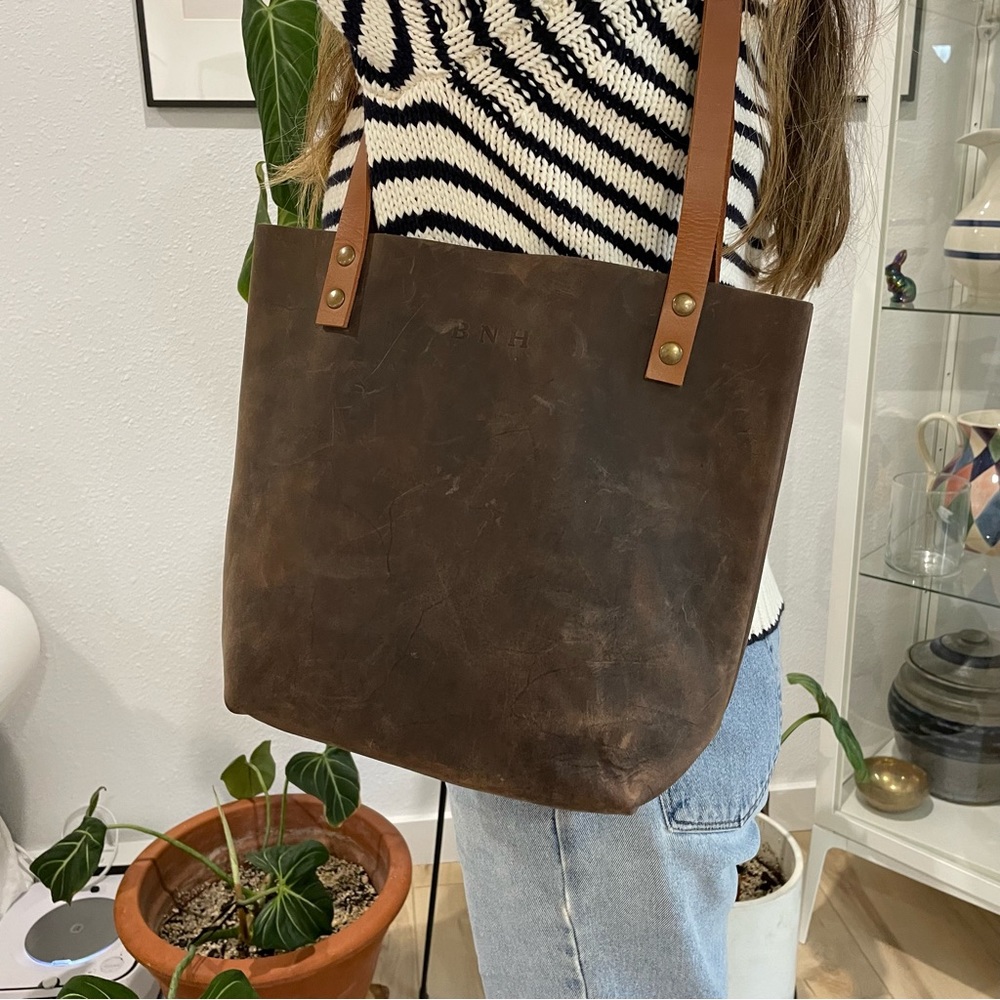 NWOT Handcrafted leather tote in taupe and brown with monogram BNH